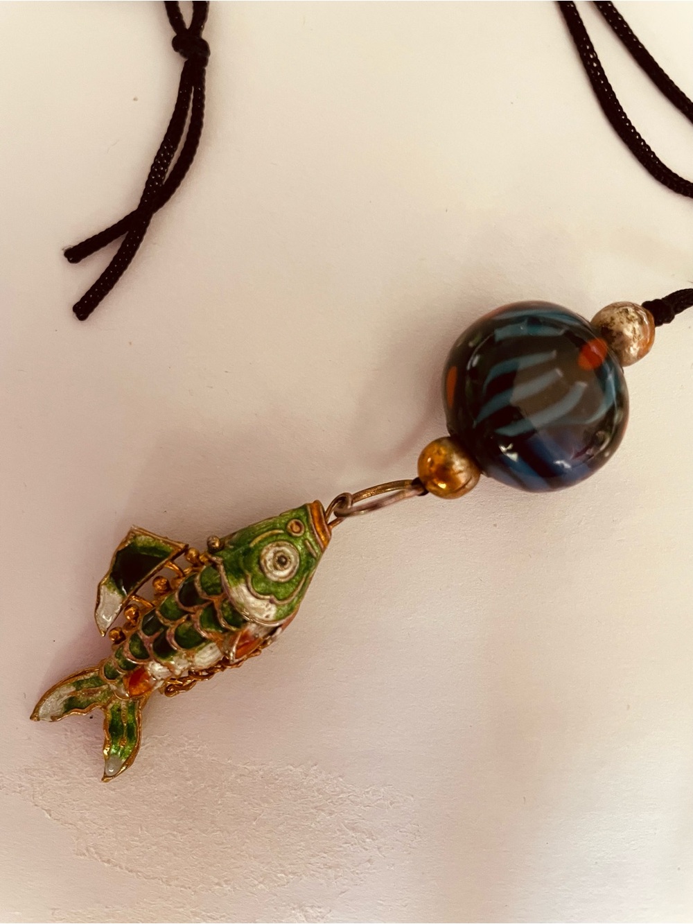 Lucky-vintage-enamel koi fish-lampwork designed glass bead-necklace-abundance